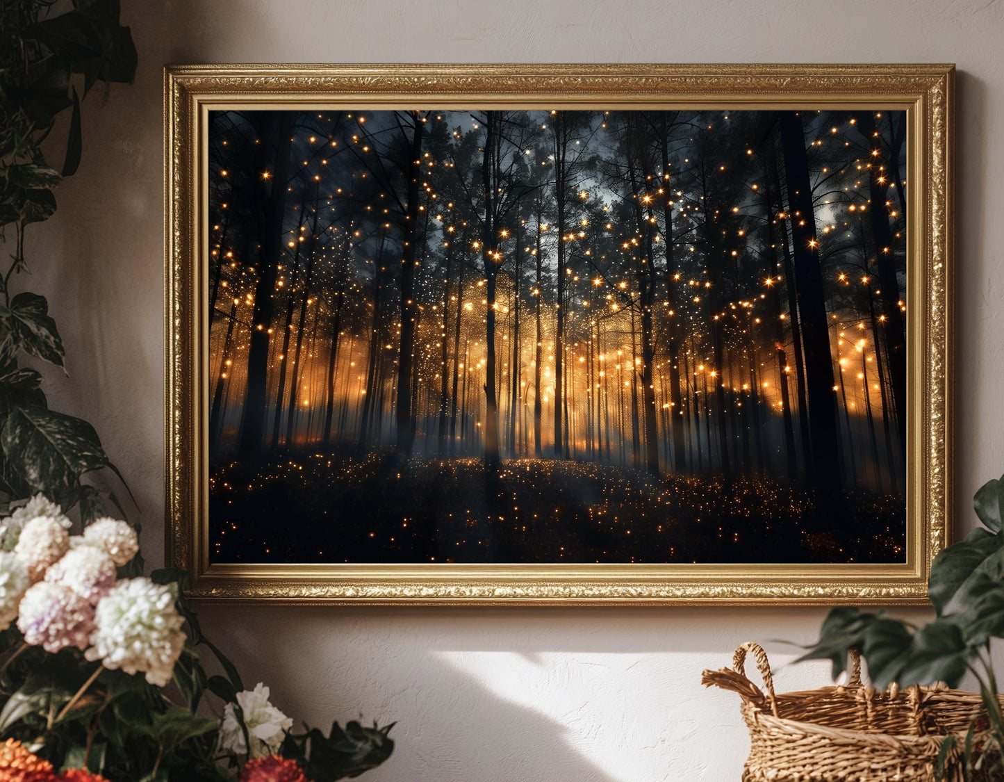 Magical Forest Art Print – Enchanted Night Landscape Canvas With Firefly Wall Decor