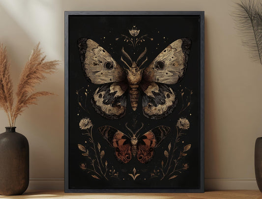 Moth Wall Art, Dark Botanical Insect Print, Gothic Nature Poster, Vintage Entomology Decor, Witchy Moth Canvas wall art - Sunrise Art Creations