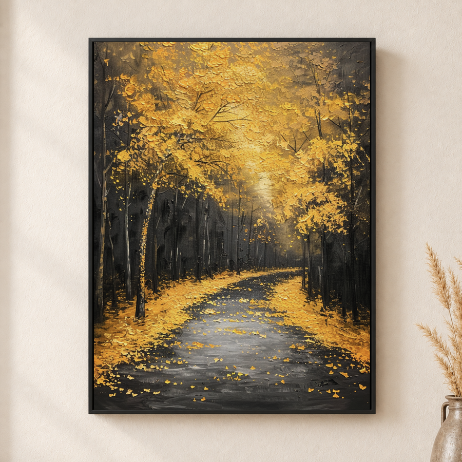 Autumn Forest Canvas Wall Art – Golden Woodland Road