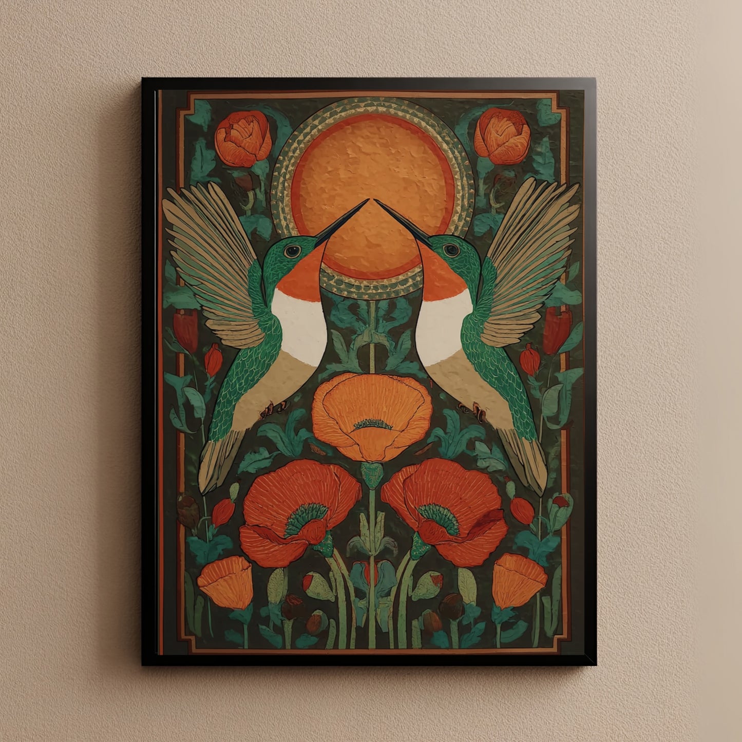 Hummingbird Folk Art Botanical Wall Art Print