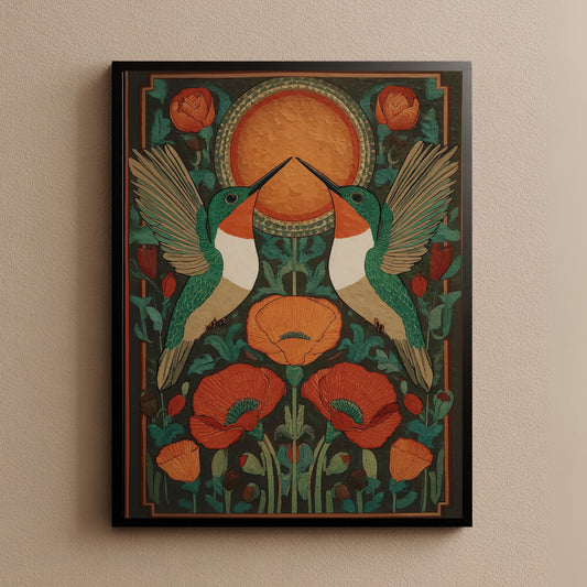Hummingbird Folk Art Botanical Wall Art Print