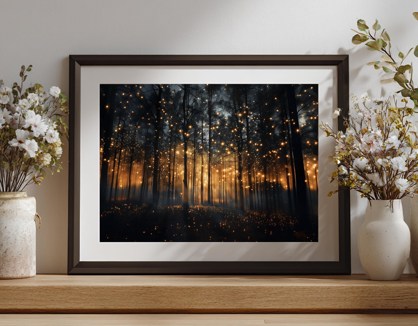 Magical Forest Art Print – Enchanted Night Landscape Canvas With Firefly Wall Decor
