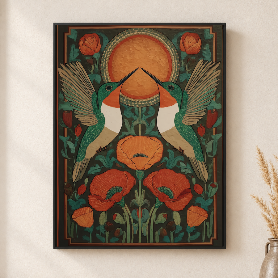 Art Nouveau Canvas Wall Art – Moths and Red Poppies Botanical