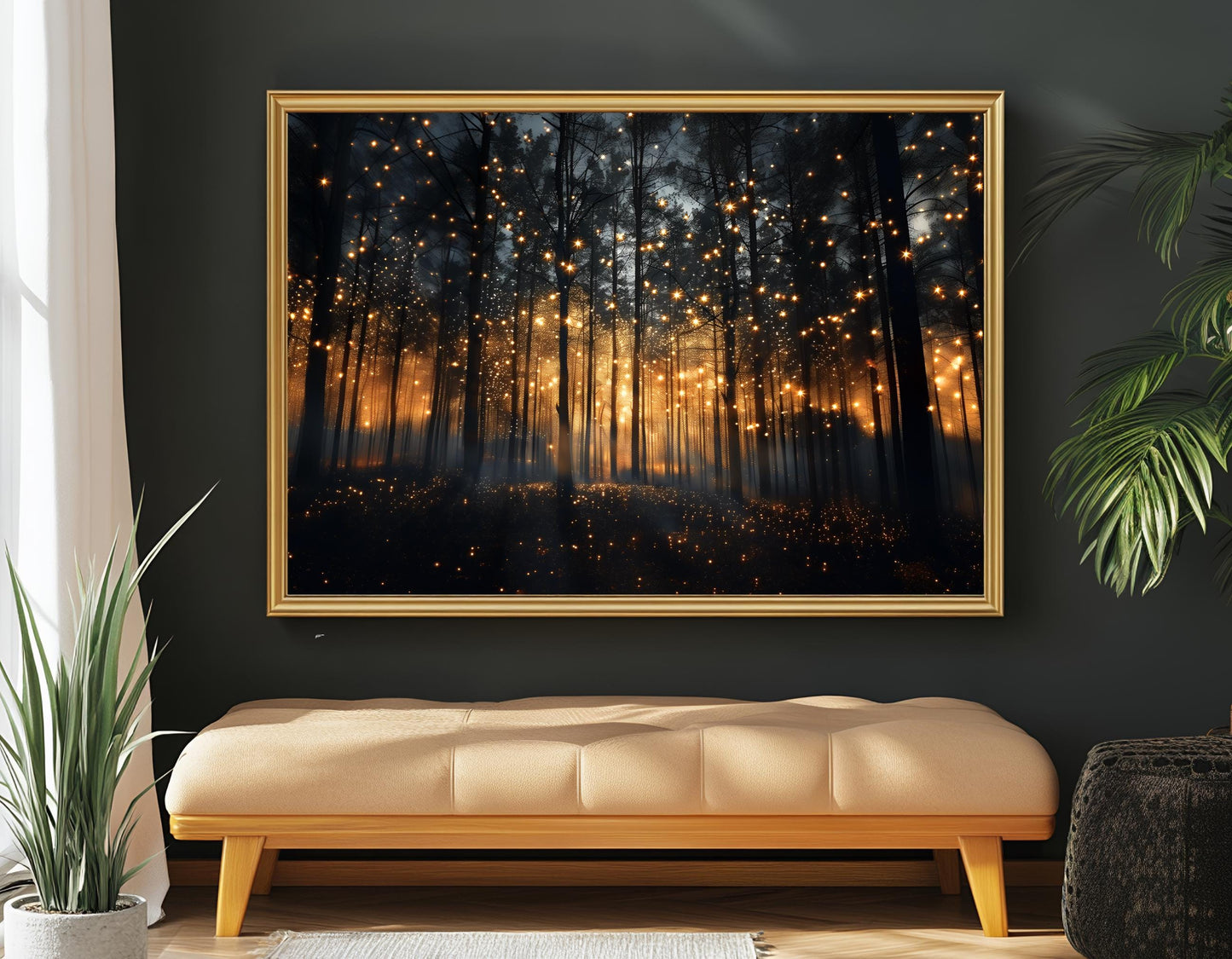 Magical Forest Art Print – Enchanted Night Landscape Canvas With Firefly Wall Decor