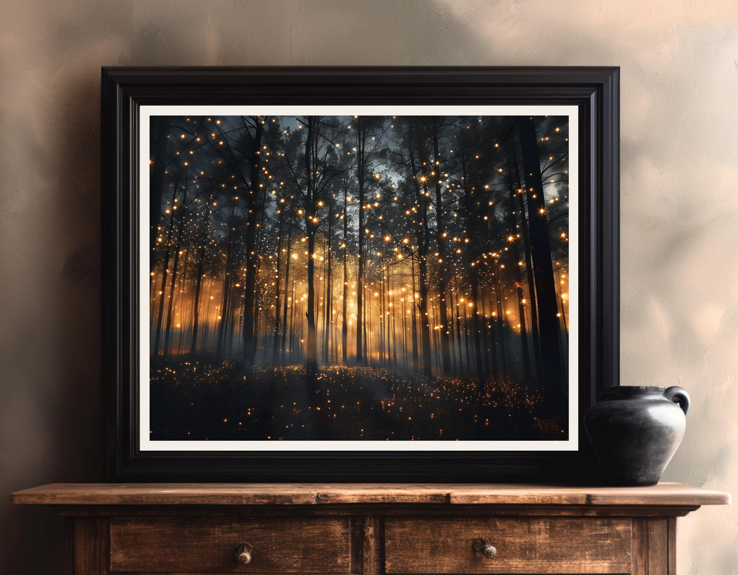 Magical Forest Art Print – Enchanted Night Landscape Canvas With Firefly Wall Decor