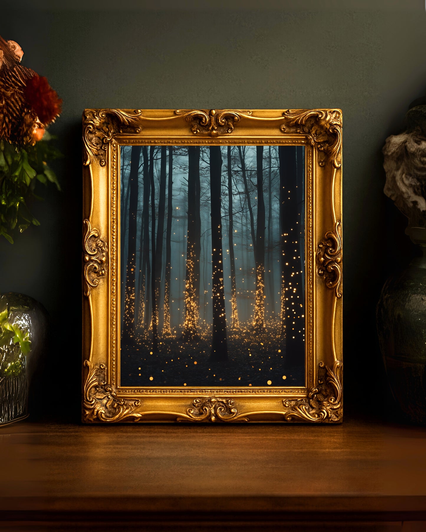 Firefly Forest Moody Glowing Woodland Wall Art (Poster, Canvas, Framed)