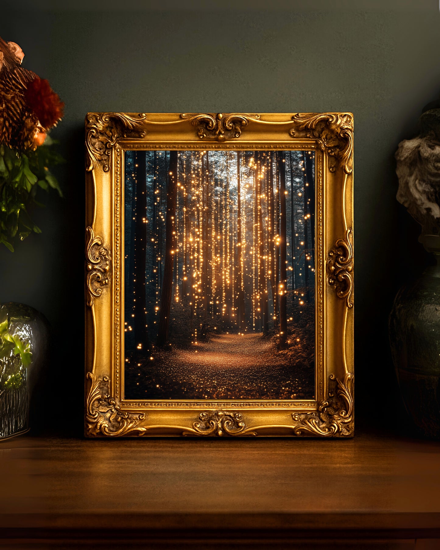 Glowing Forest Path Wall Art – Enchanted Light Trail Print (Poster, Canvas, Framed)