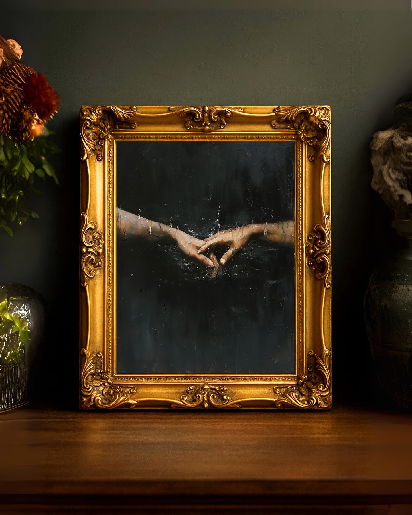 Gothic Canvas Print Reaching Hands Wall Art Moody Minimalist Touch Print (Poster, Canvas, Framed)