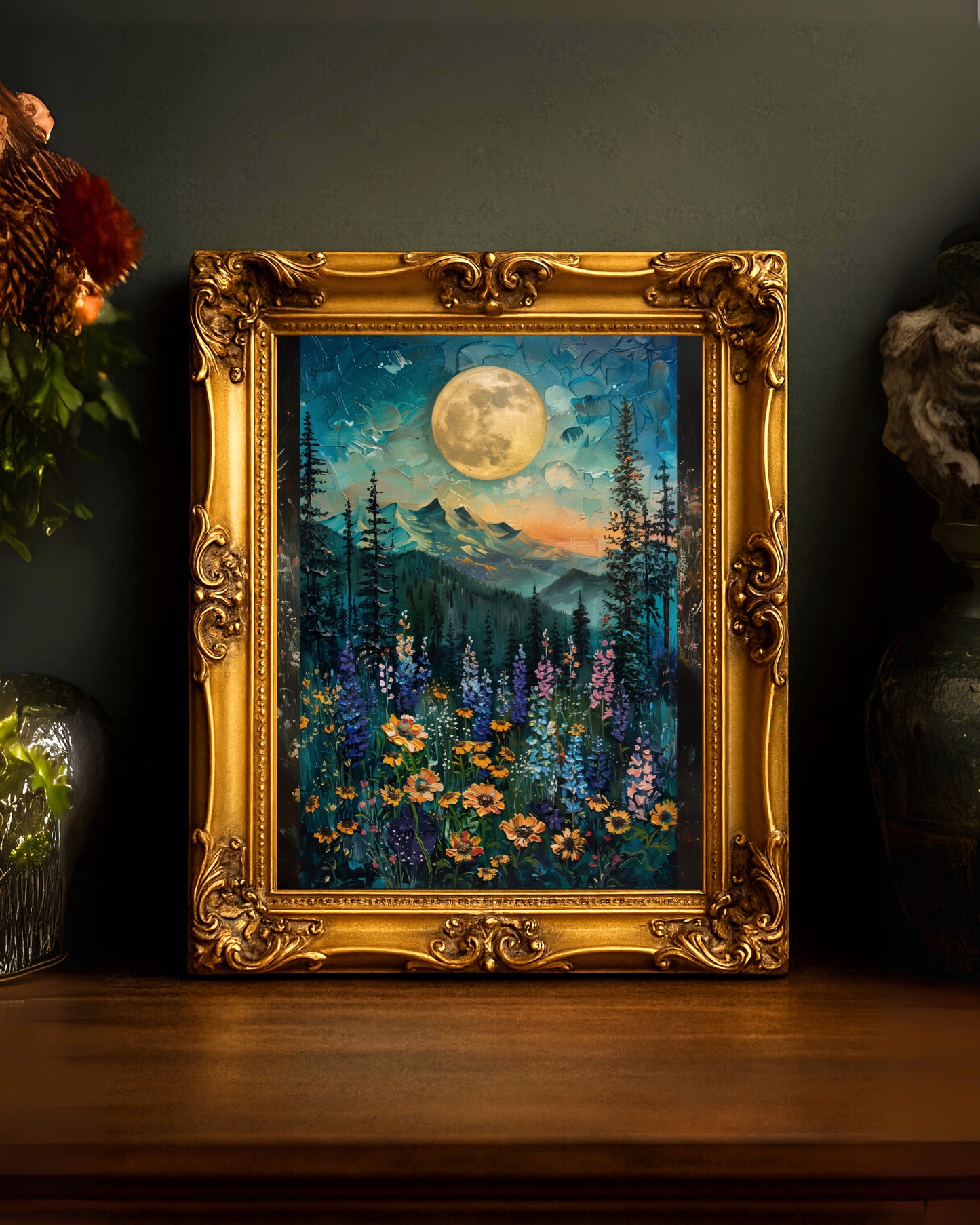 Moonlit Mountain Meadow Wall Art – Colorful Nature Landscape Print (Poster, Canvas, Framed)