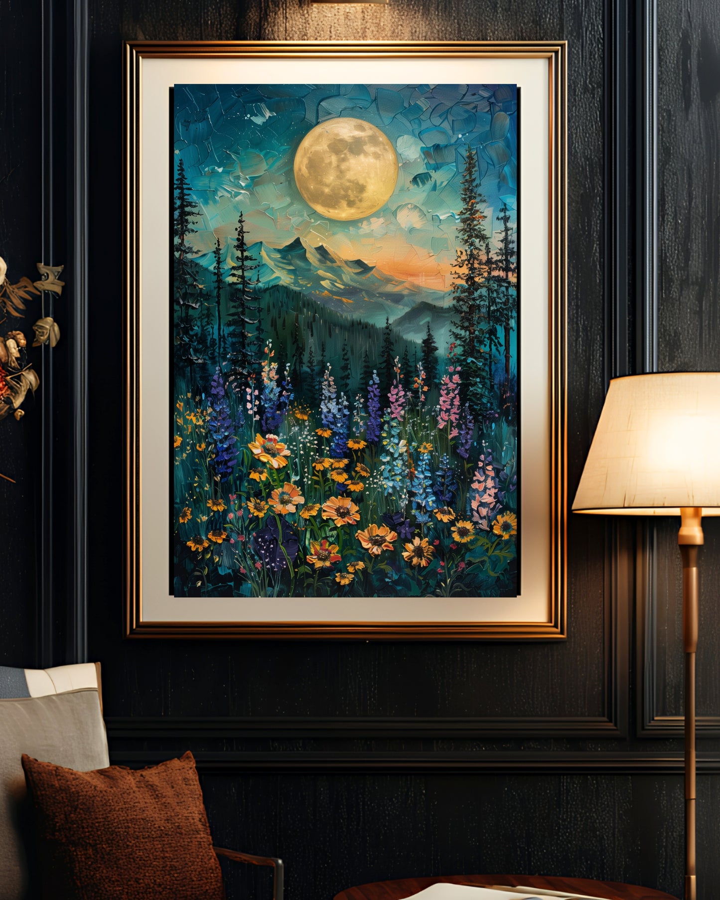 Moonlit Mountain Meadow Wall Art – Colorful Nature Landscape Print (Poster, Canvas, Framed)