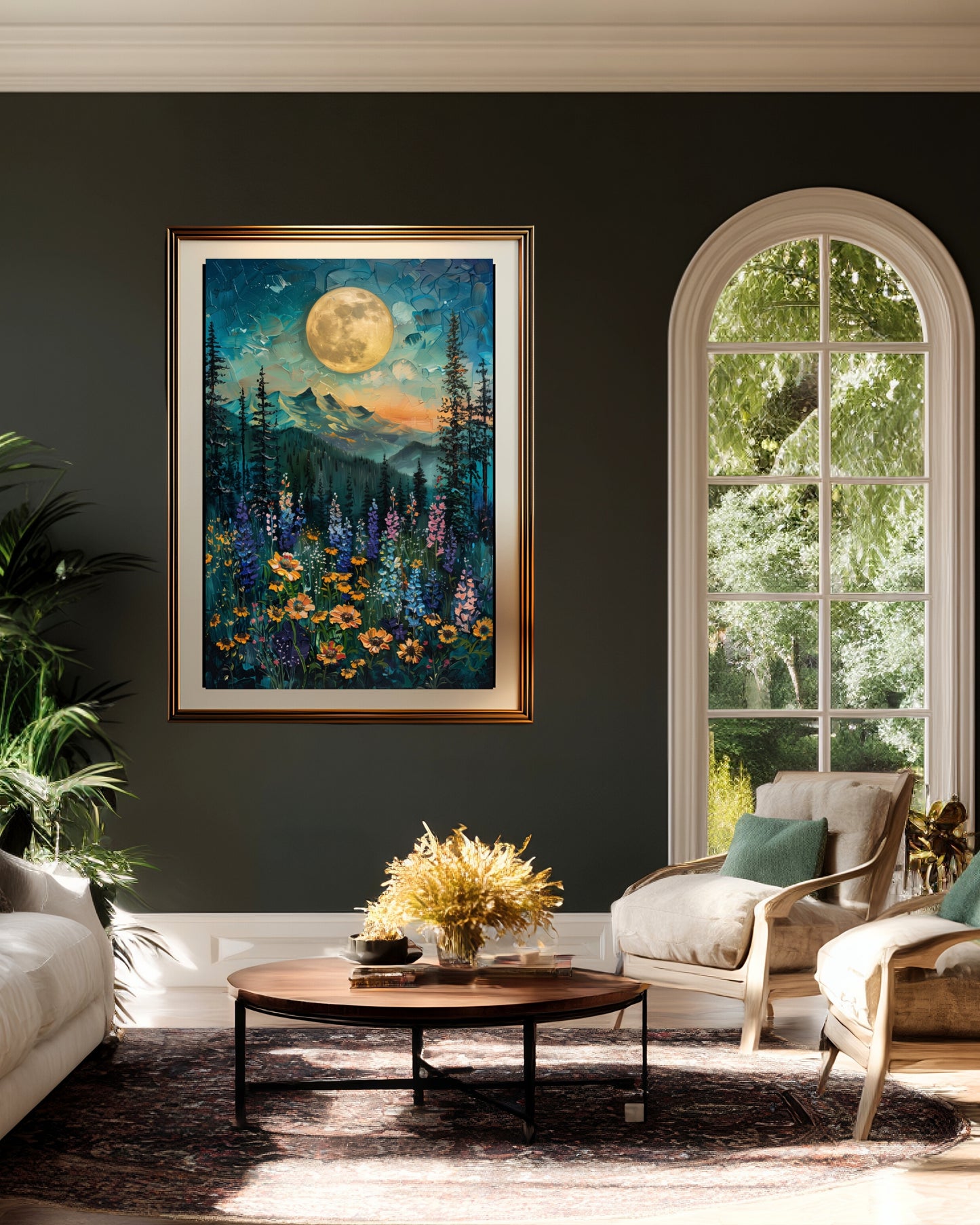 Moonlit Mountain Meadow Wall Art – Colorful Nature Landscape Print (Poster, Canvas, Framed)