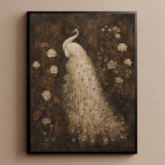 White Peacock Dark Vintage Wall Art Print