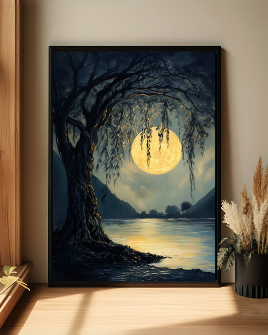 Moonlight Tree Dark River Landscape Wall Art