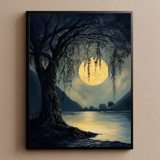 Moody Full Moon Art Print Dark Moonlit Forest Wall Art