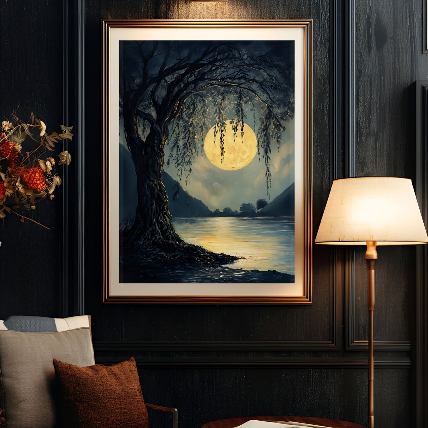 Moody Full Moon Art Print Dark Moonlit Forest Wall Art