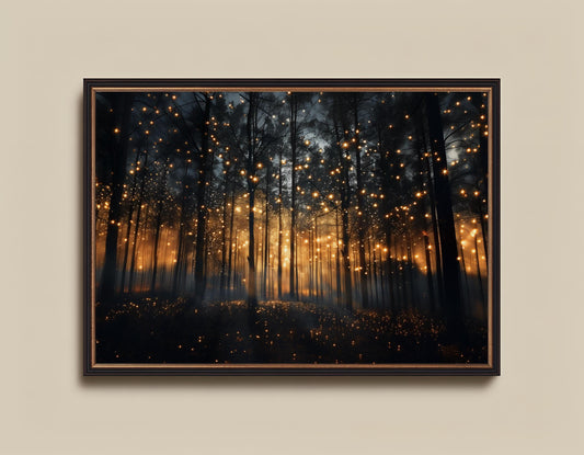 Magical Forest Art Print – Enchanted Night Landscape Canvas With Firefly Wall Decor