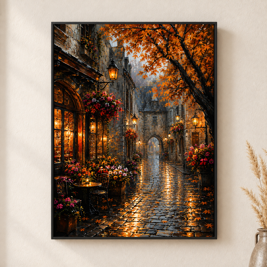 Autumn Cityscape Canvas Wall Art – Rainy Street with Warm Lights