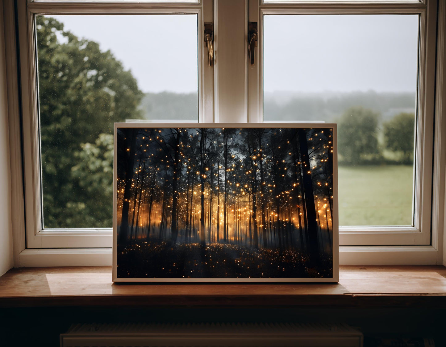 Magical Forest Art Print – Enchanted Night Landscape Canvas With Firefly Wall Decor