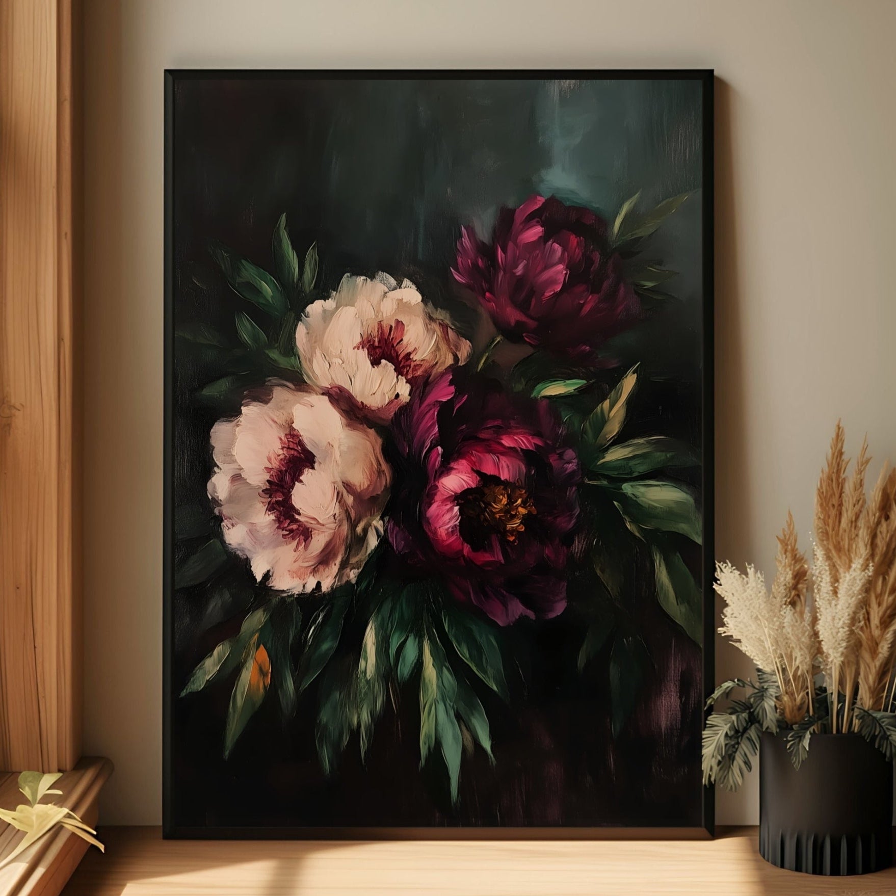 Dark Peony Floral Wall Art – Moody Vintage Flower Print (Poster, Canvas ...