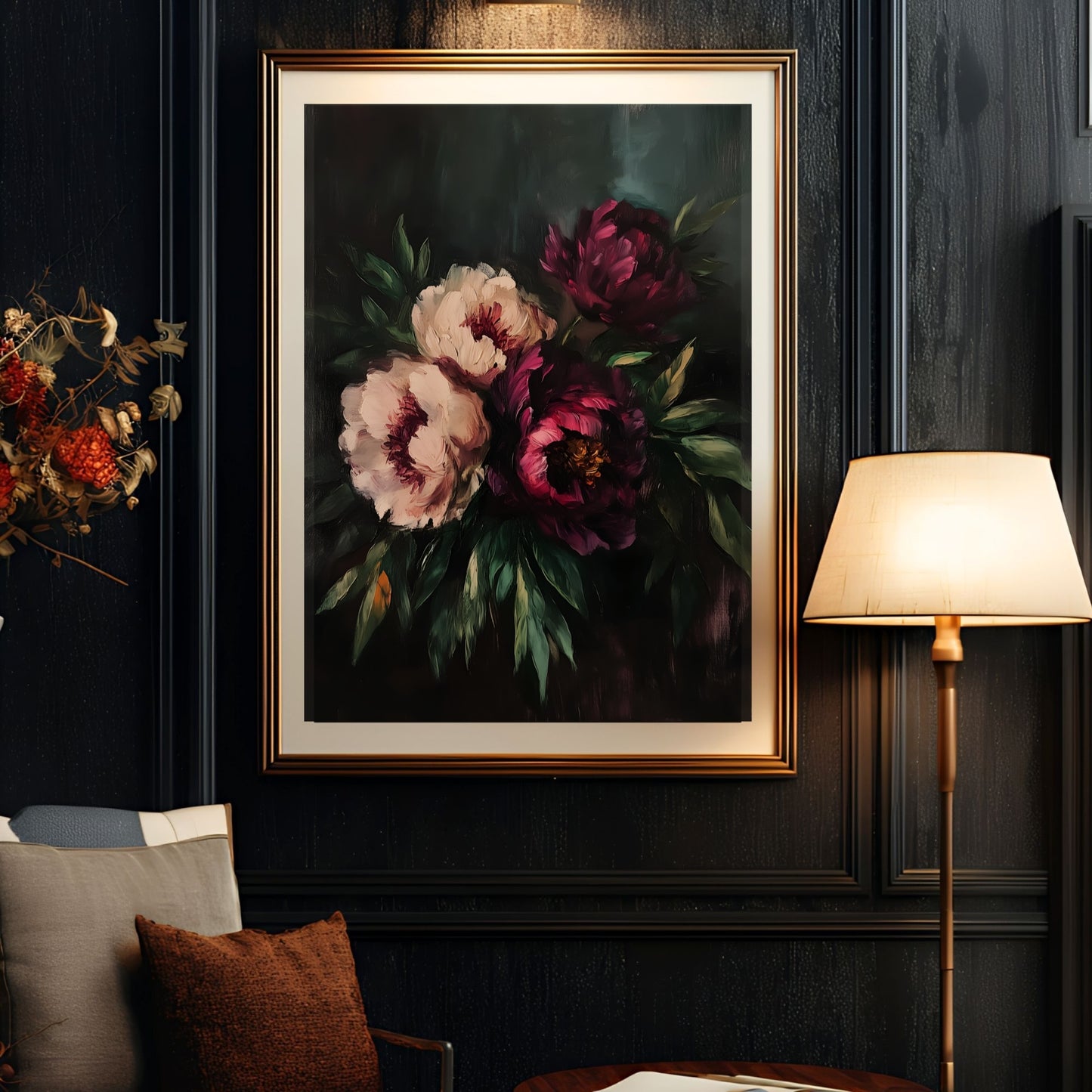 Dark Peony Moody Floral Wall Art Print