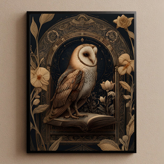 Bookish Barn Owl Dark Academia Wall Art Print