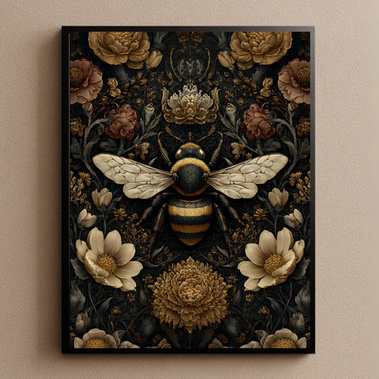 Cottagecore Bee Wall Art, Dark Floral Botanical Print