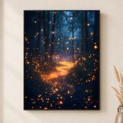 Framed canvas wall art depicting a luminous winding path through dark blue pines dotted with golden fireflies on a neutral wall