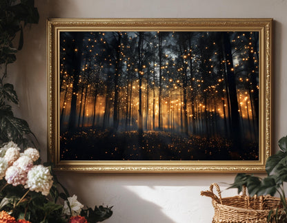 Magical Forest Art Print – Enchanted Night Landscape Canvas With Firefly Wall Decor