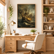 Home office mockup of stormy sailing ship canvas wall art above a wood desk