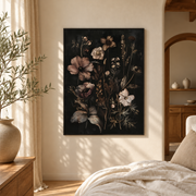 Bedroom mockup of dark botanical wildflower canvas wall art in a softly lit neutral room