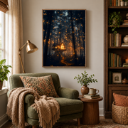 Reading nook mockup of glowing tent in firefly forest canvas wall art above an armchair