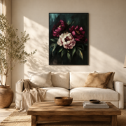 Living room mockup of deep burgundy peony canvas wall art above a light sofa