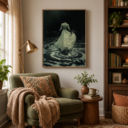 Reading nook mockup of woman in flowing dress canvas wall art above an armchair