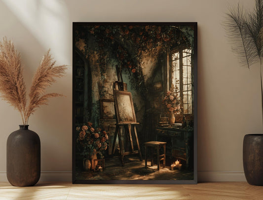 Dark Moody Art Studio Wall Art Romantic Artist Atelier Print Vintage Cottagecore Decor Candlelit Studio Aesthetic wall art - Sunrise Art Creations
