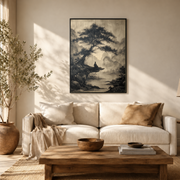 Living room mockup of ink wash tree and river canvas wall art above a light sofa