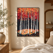 Bedroom mockup of bright birch forest canvas wall art in a softly lit neutral room
