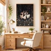 Home office mockup of forest ballerinas canvas wall art above a wood desk