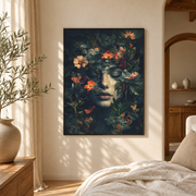 Bedroom mockup of woman with flowers canvas wall art in a softly lit neutral room