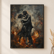 Framed canvas wall art depicting a couple holding each other amid orange flames and smoky charcoal shadows on a neutral wall