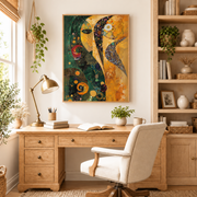 Home office mockup of abstract sun and moon face canvas wall art above a wood desk