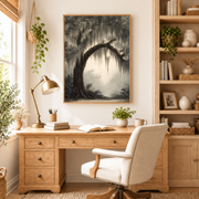 Home office mockup of twisted tree arch canvas wall art above a wood desk