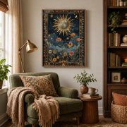 Reading nook mockup of sun and moon botanical canvas wall art above an armchair