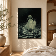 Bedroom mockup of woman in flowing dress canvas wall art in a softly lit neutral room