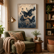 Reading nook mockup of black butterfly canvas wall art above an armchair