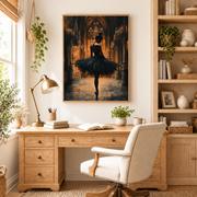 Home office mockup of ballerina in cathedral canvas wall art above a wood desk