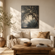 Living room mockup of mossy forest arch canvas wall art above a light sofa