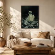 Living room mockup of woman in flowing dress canvas wall art above a light sofa
