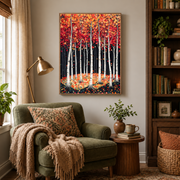 Reading nook mockup of bright birch forest canvas wall art above an armchair