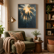 Reading nook mockup of sun rays through pine trees canvas wall art above an armchair