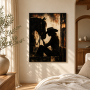 Bedroom mockup of cowgirl and horse canvas wall art in a softly lit neutral room